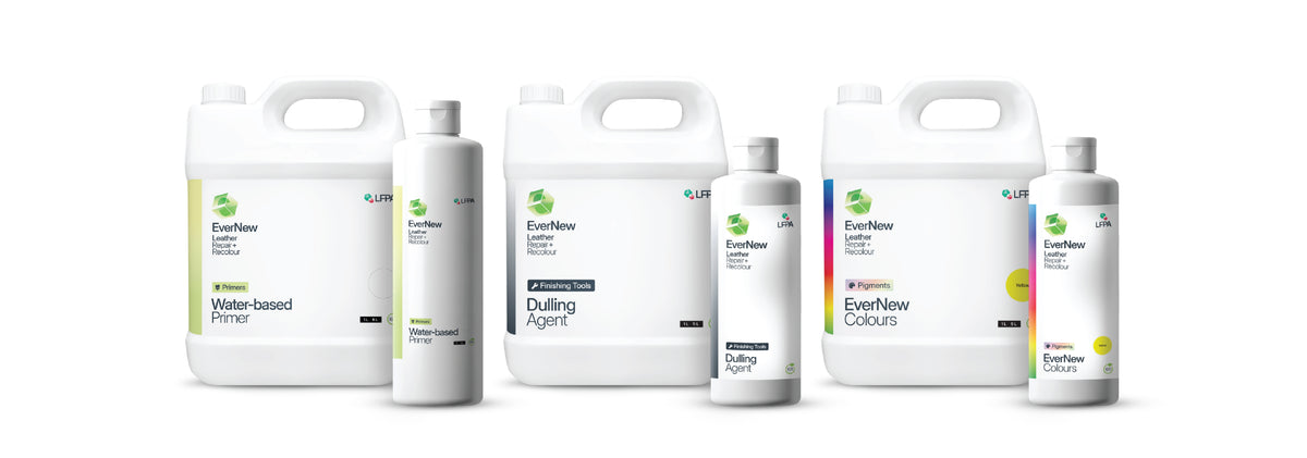 Six white plastic bottles and jugs of EverNew water-based leather primers, finishing tools and pigments. Arranged in a row against a plain white background.