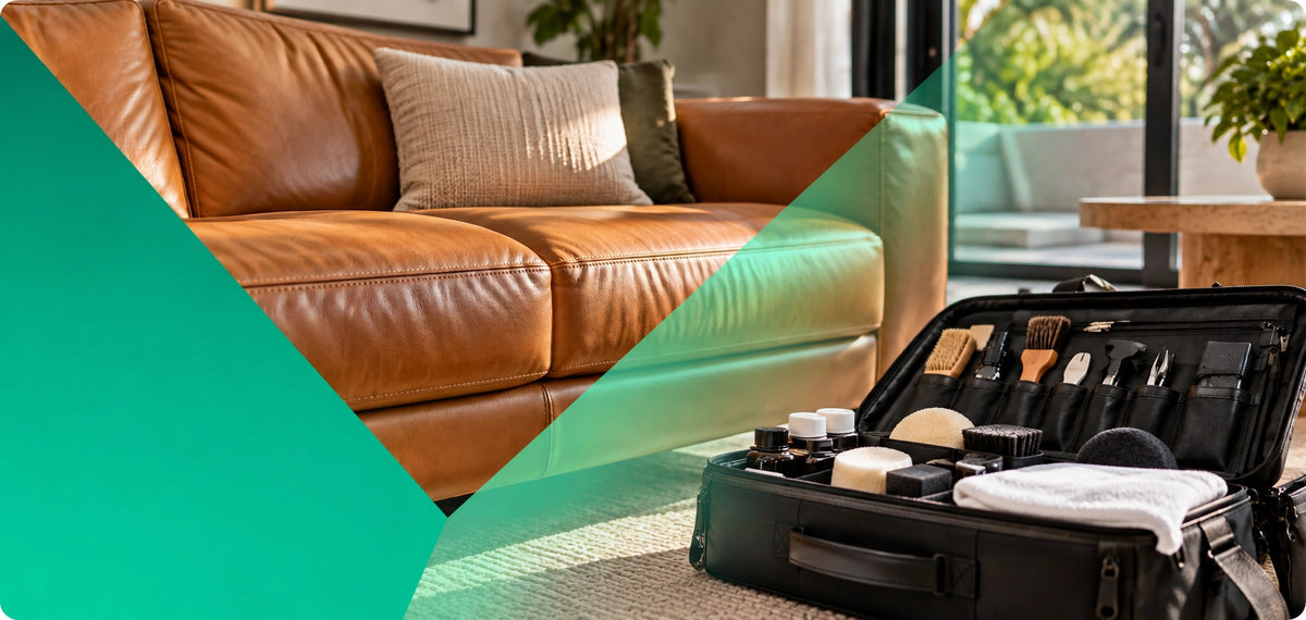 A black leather suitcase open on a carpeted floor in a modern living room, filled with various makeup and skincare items. A brown leather sofa is visible in the background, with a green graphic overlay on the left side.