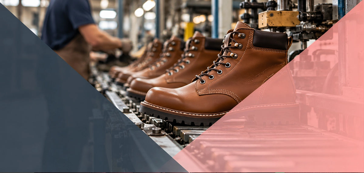 A pair of brown leather lace-up work boots displayed on a conveyor belt in a manufacturing facility, with a blurred worker and industrial machinery in the background.