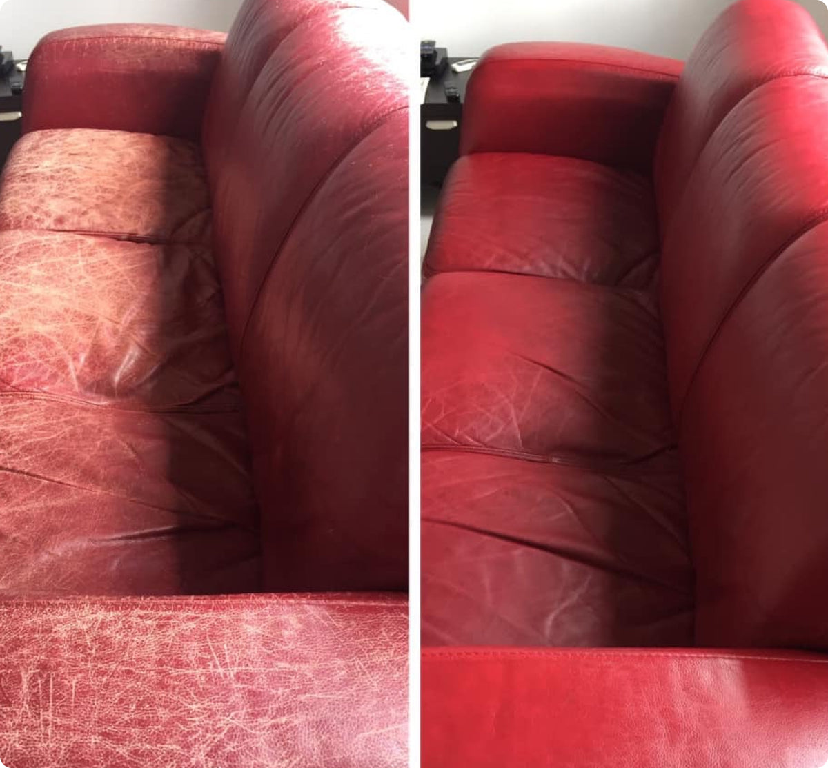 A side-by-side comparison of a red leather sofa, showing heavy scratching and wear on the left cushion and seat area, with the right side appearing cleaner and smoother.