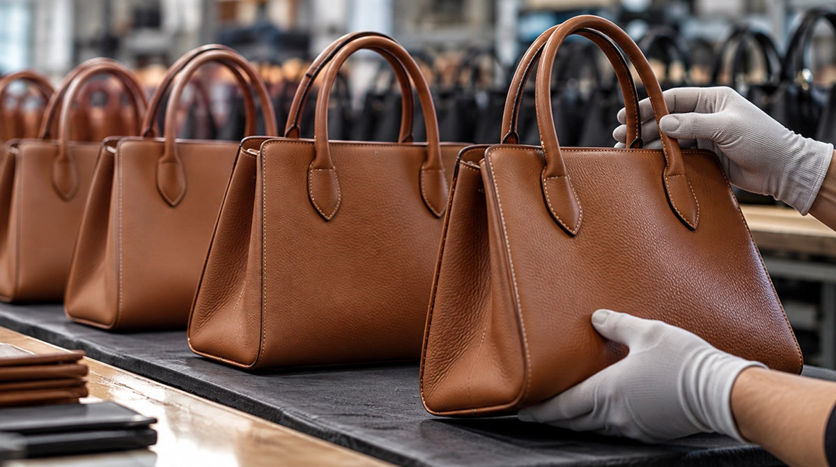 A row of brown leather handbags sits on a worktable in a workshop setting, with gloved hands holding the frontmost bag.