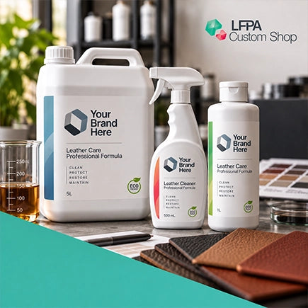 Three white leather care product containers on a tabletop showing private labelling services available through LFPA