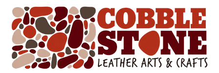 A logo-style graphic with the words 'COBBLE STONE' in dark red, alongside a pattern of irregular red, orange, and brown pebble shapes on the left.