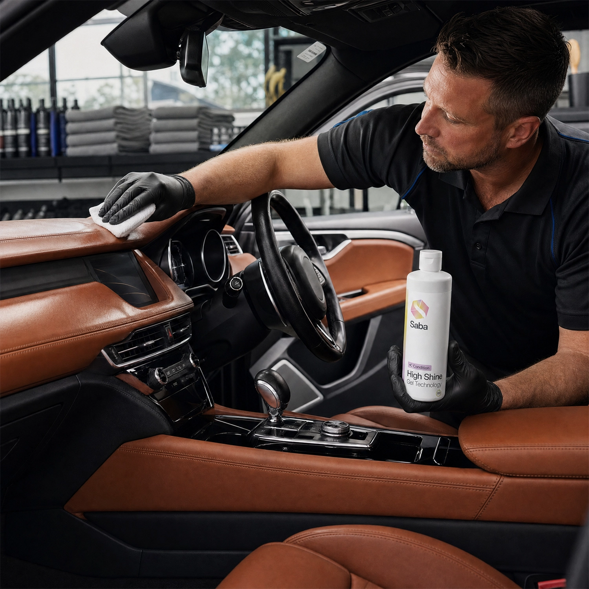 A man wearing black gloves cleans a brown leather car interior while holding a bottle of Deba Premium High Shine Leather Shine.