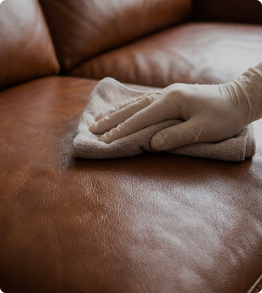 A gloved hand wipes a brown leather sofa cushion with a light beige cloth.