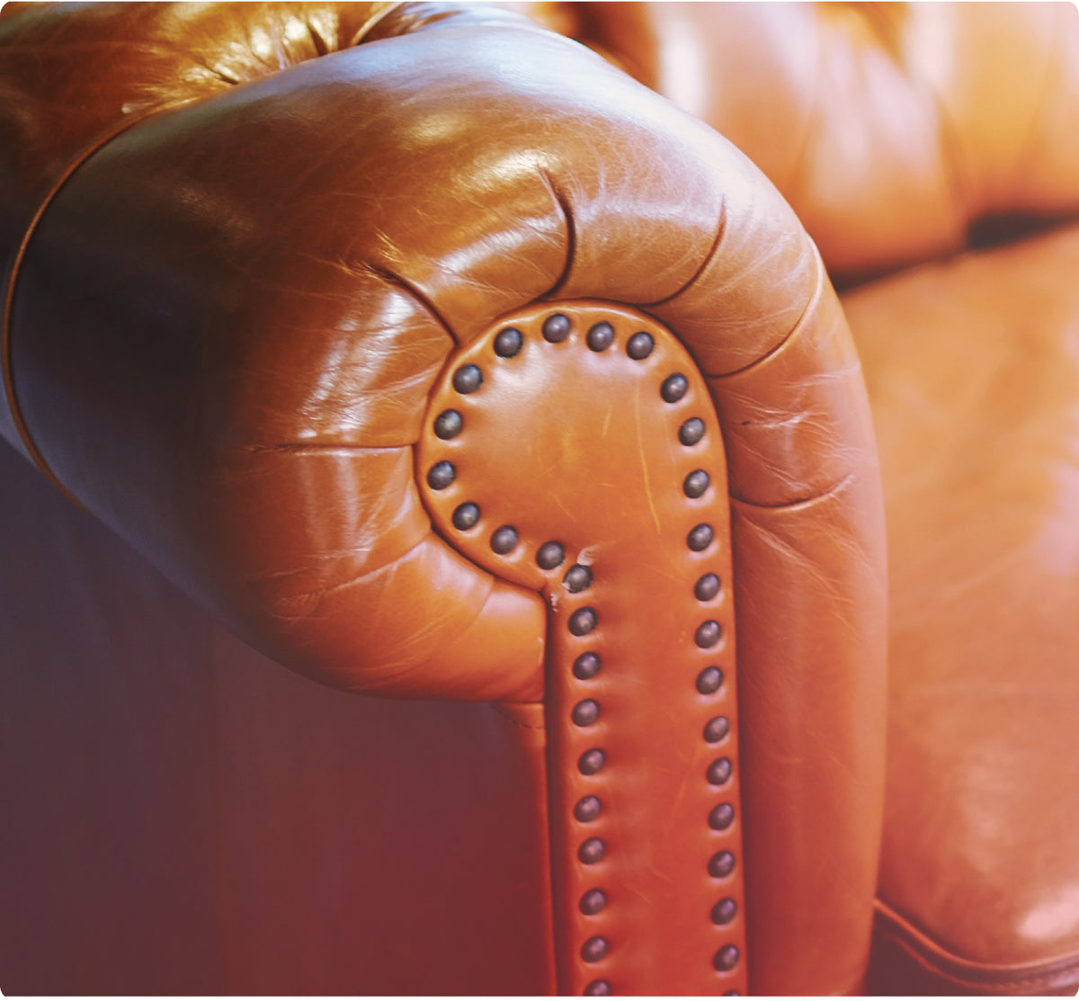 Close-up of a warm brown leather armrest with decorative nailhead trim, showing the texture and stitching of the upholstery.