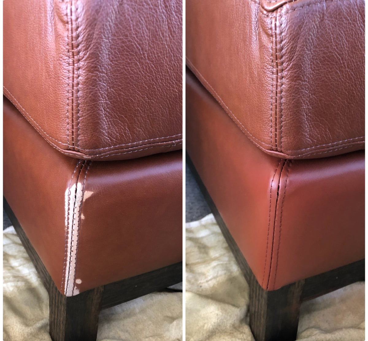 A side-by-side close-up of a reddish-brown leather upholstered furniture corner, showing the material texture, stitching. Before and after showing repair and colour restoration work.