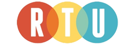 Three overlapping circular color blocks in red, orange, yellow, green, and blue, each containing a large white letter, forming the word RTU.