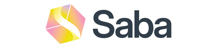 The Saba logo, featuring a colorful geometric cube icon in pink, yellow, and white next to the dark gray text 'Saba' on a plain white background.